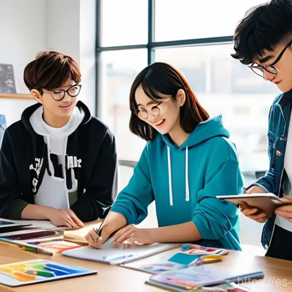 웹툰작가 포트폴리오 작성법 - **Prompt:** "A diverse group of young, enthusiastic webtoon artists, each with their unique anime-in...