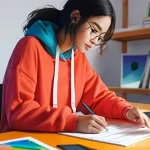 웹툰작가로 성장하기 위한 공부법 - **Prompt:** A young, determined female digital artist, around 20-25 years old, is seated at a well-l...