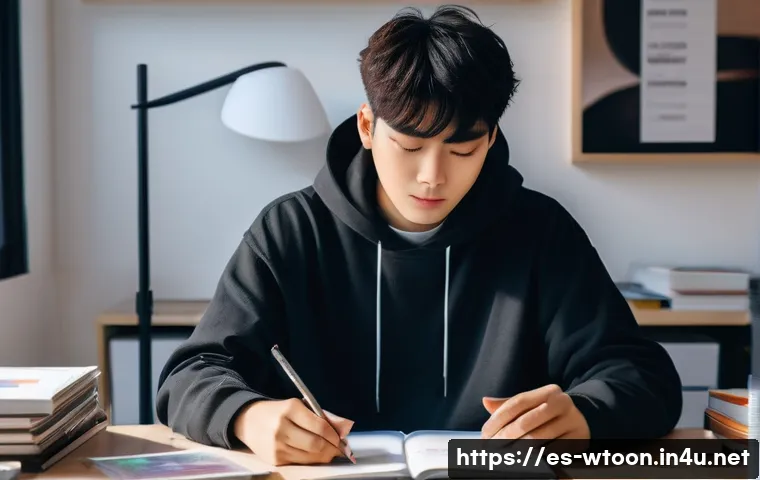 웹툰작가 피드백 수용하는 법 - **Prompt 1: The Focused Creator Amidst Feedback**
    "A talented, gender-neutral webtoon artist, in...