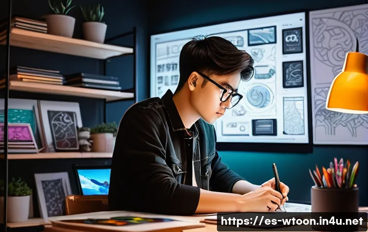 웹툰작가 직업 만족도 - A passionate webtoon artist working late at a modern digital studio, surrounded by multiple screens ...
