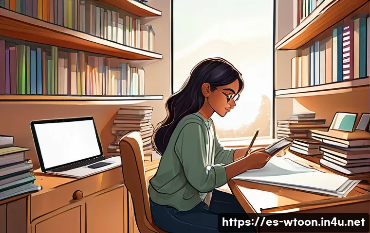 웹툰작가가 꼭 읽어야 할 책 - A vibrant digital illustration of a young Latina webtoon artist in her cozy, sunlit studio filled wi...