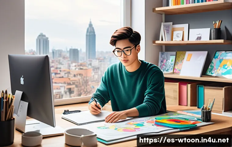 웹툰작가 성공 사례 분석 - A dedicated webtoon artist working diligently in a cozy home studio, surrounded by digital drawing t...