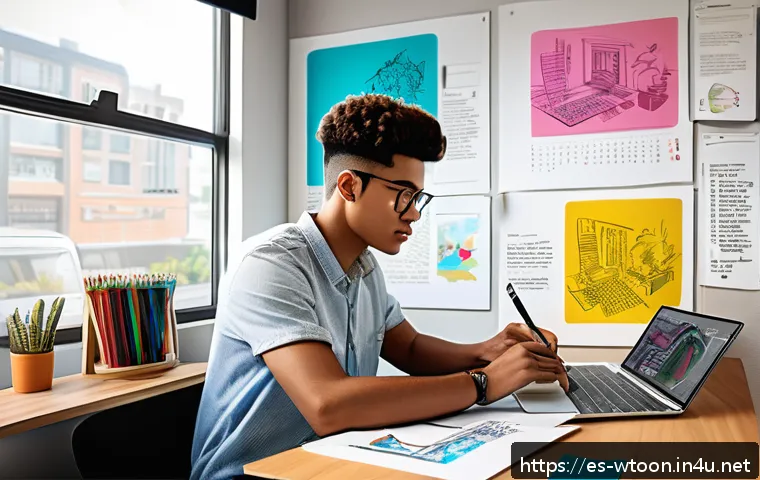 웹툰작가 자격 시험 준비 전략 - A modern digital artist&rsquo;s workspace focused on webtoon creation, featuring a sleek laptop with Clip ...